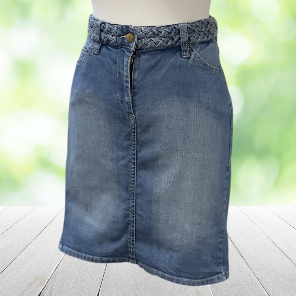 ISABEL MARANT Denim Pencil Skirt High Rise Braided Waist Stretch Blue Size 38 6